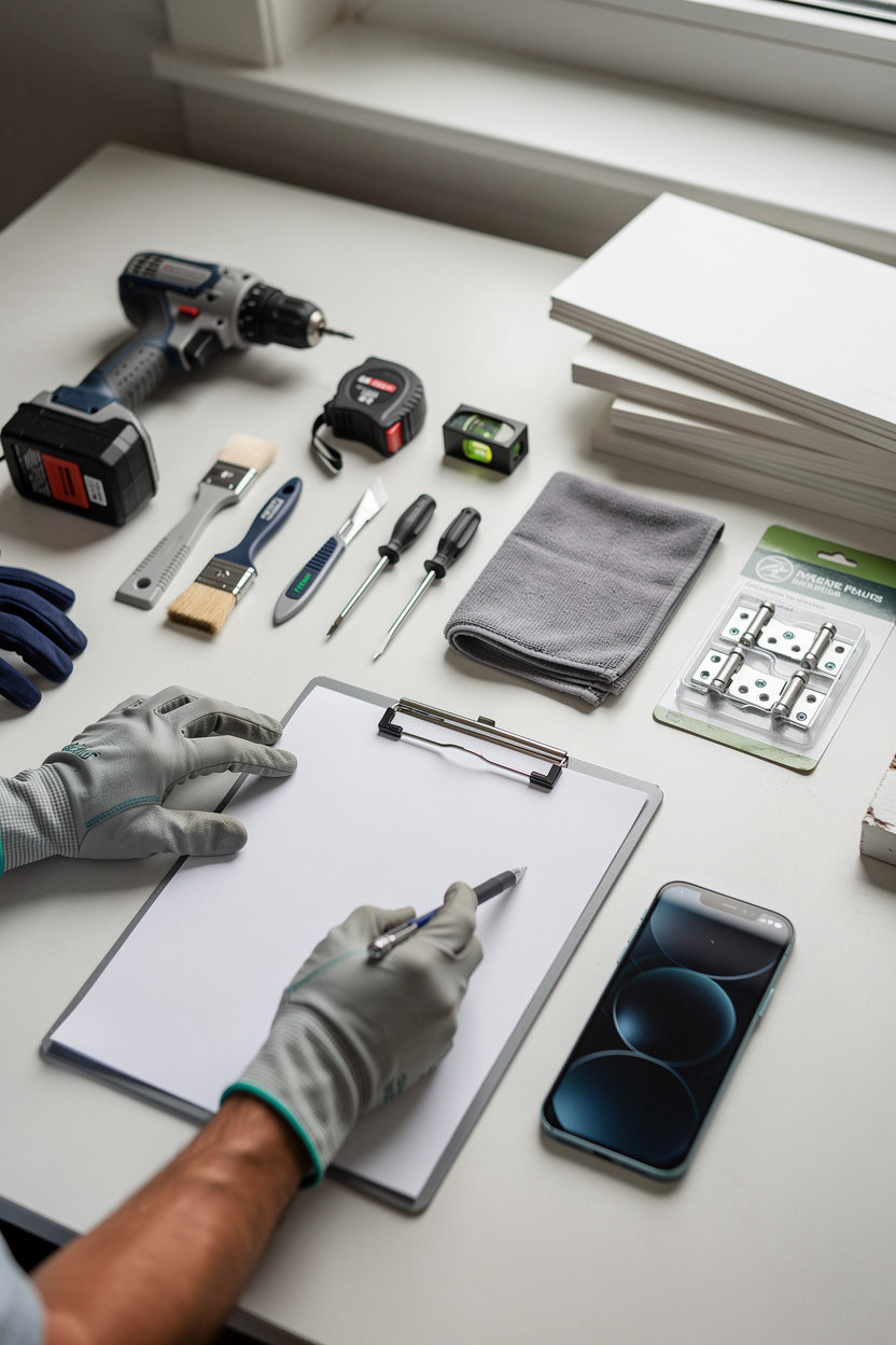 Ridgeline Handyman Boise, ID handyman reviewing a small drywall and fixture repair quote in a home