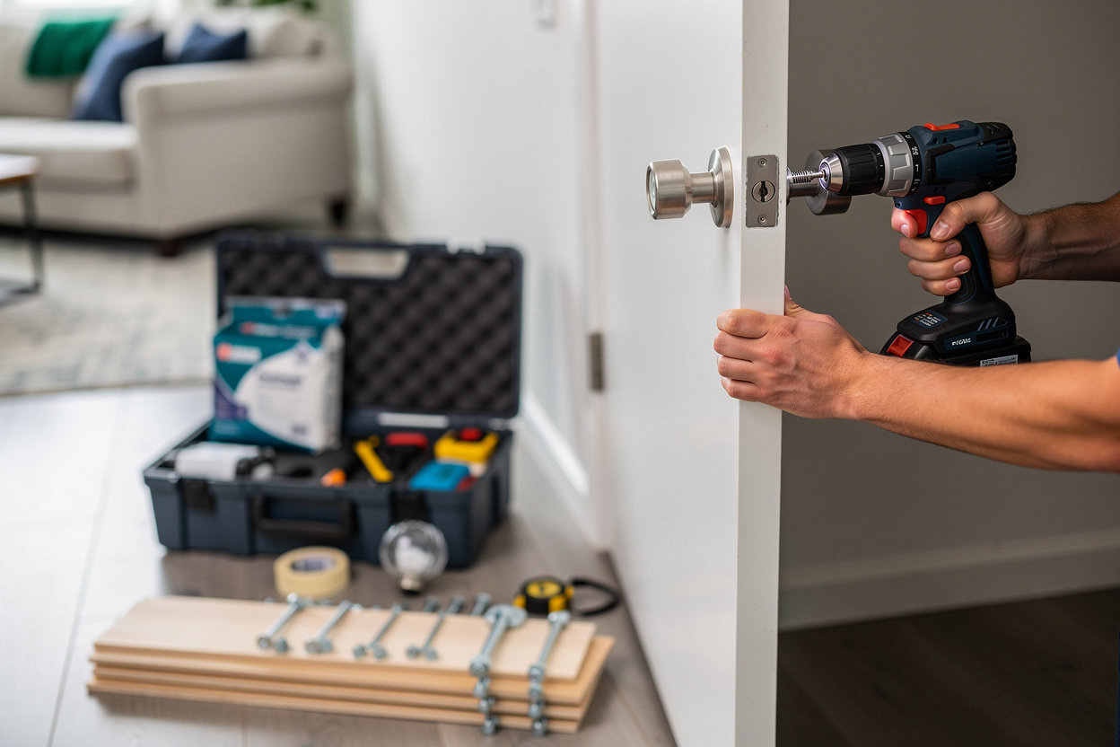 Ridgeline Handyman working on small interior home repairs in Boise, ID, including drywall, fixtures, and door trim